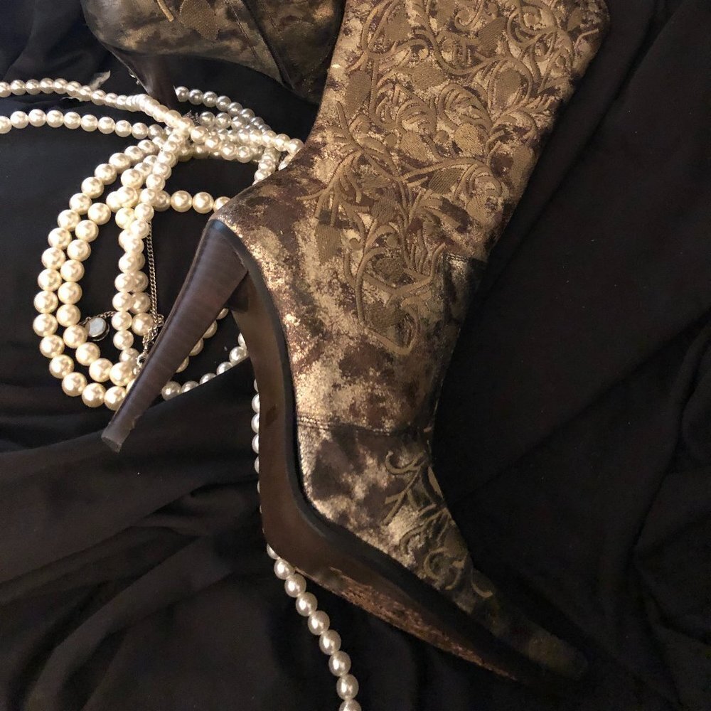 Vintage Style Gold Knee Length Leather Dress Boot